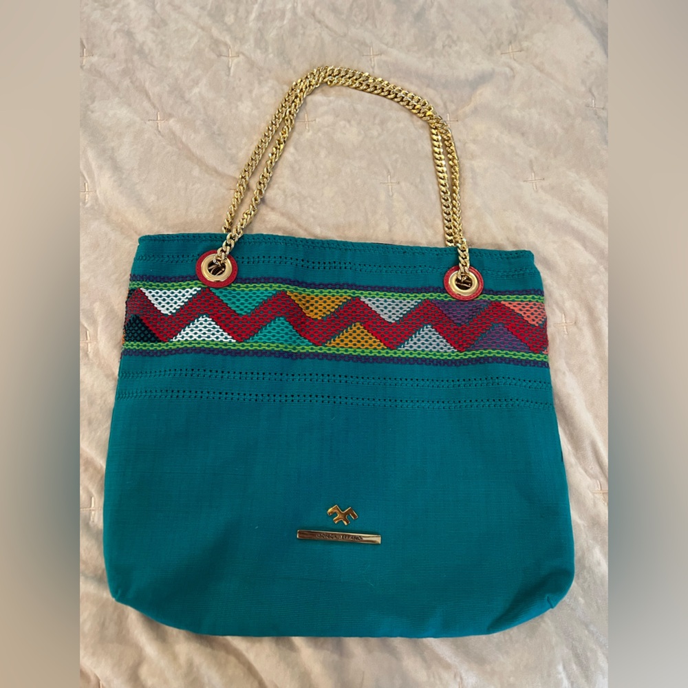 Teal Tote Bag with Gold Chain Straps - Monica Serrano designer